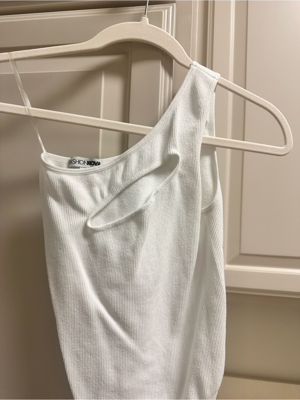 Fashion Nova White One-Shoulder Ribbed Cutout Bodysuit - Picture 3 of 5